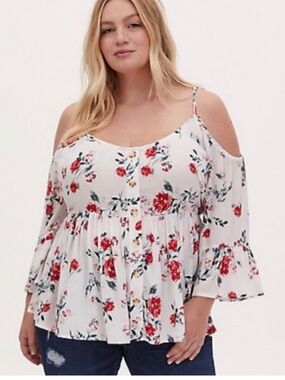 torrid White Floral Button-Front Cold-Shoulder Tank
